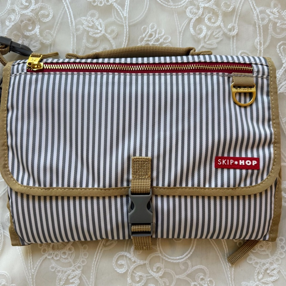 Skip Hop Tan and Black Toiletry Bag Striped Design including diaper changing NEW